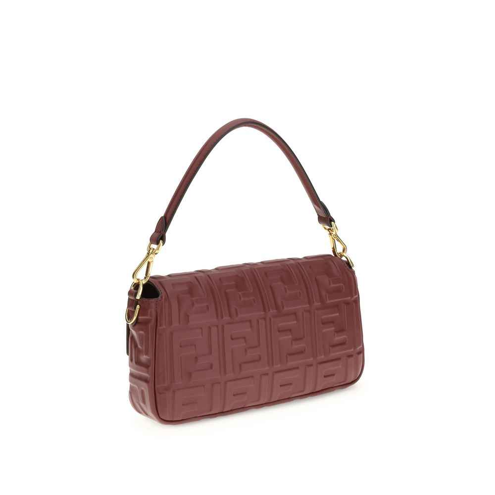 Fendi The Baguette shoulder bag in burgundy leather with embossed FF pattern, front view