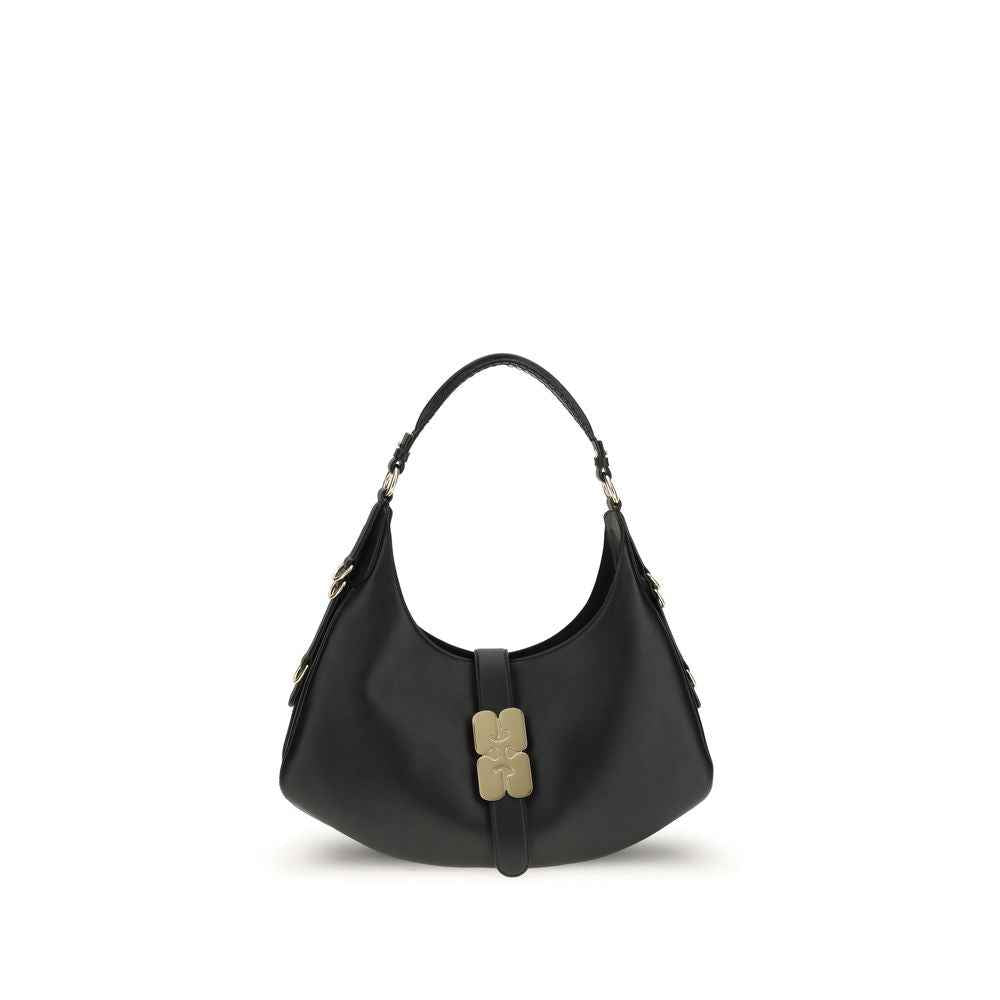Ganni Small Kat shoulder bag, black leather with gold hardware, front view