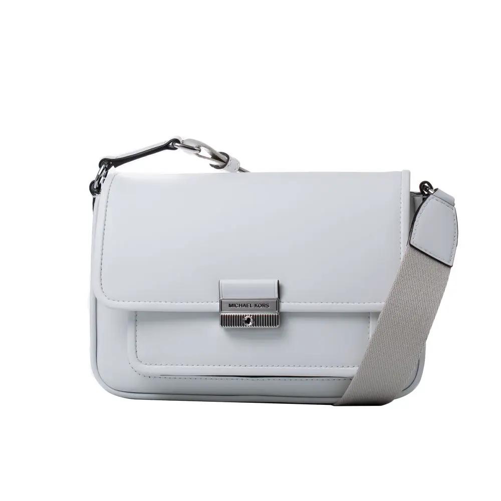 Michael Kors white leather shoulder bag with beige strap and silver hardware, front view