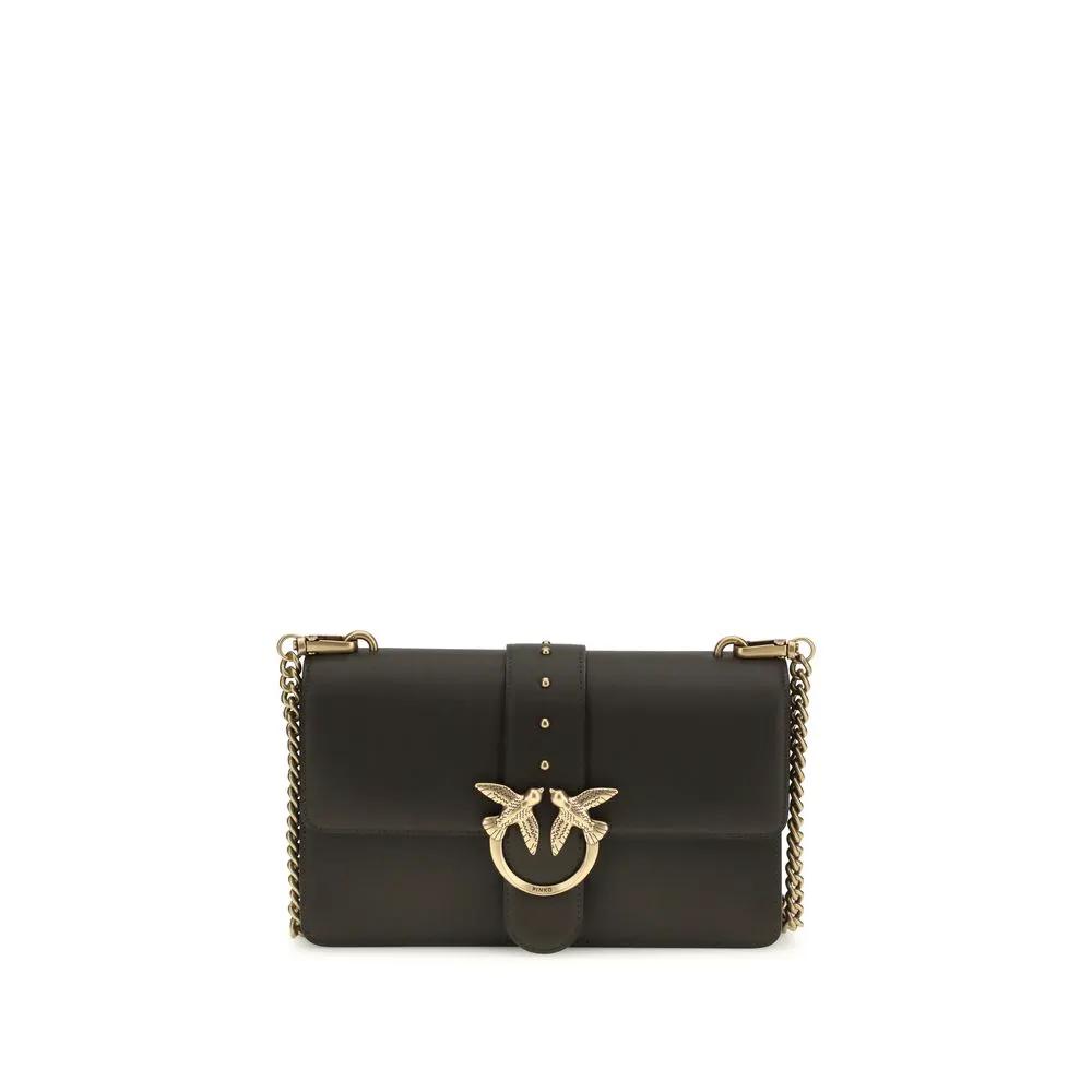 PINKO Bos Taurus Calf Leather Shoulder Bag, black with gold hardware, front view