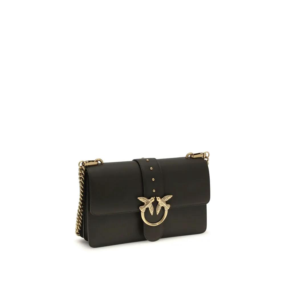 PINKO Bicolor Calf Leather Bos Taurus Shoulder Bag, black, gold hardware, chain strap, front view