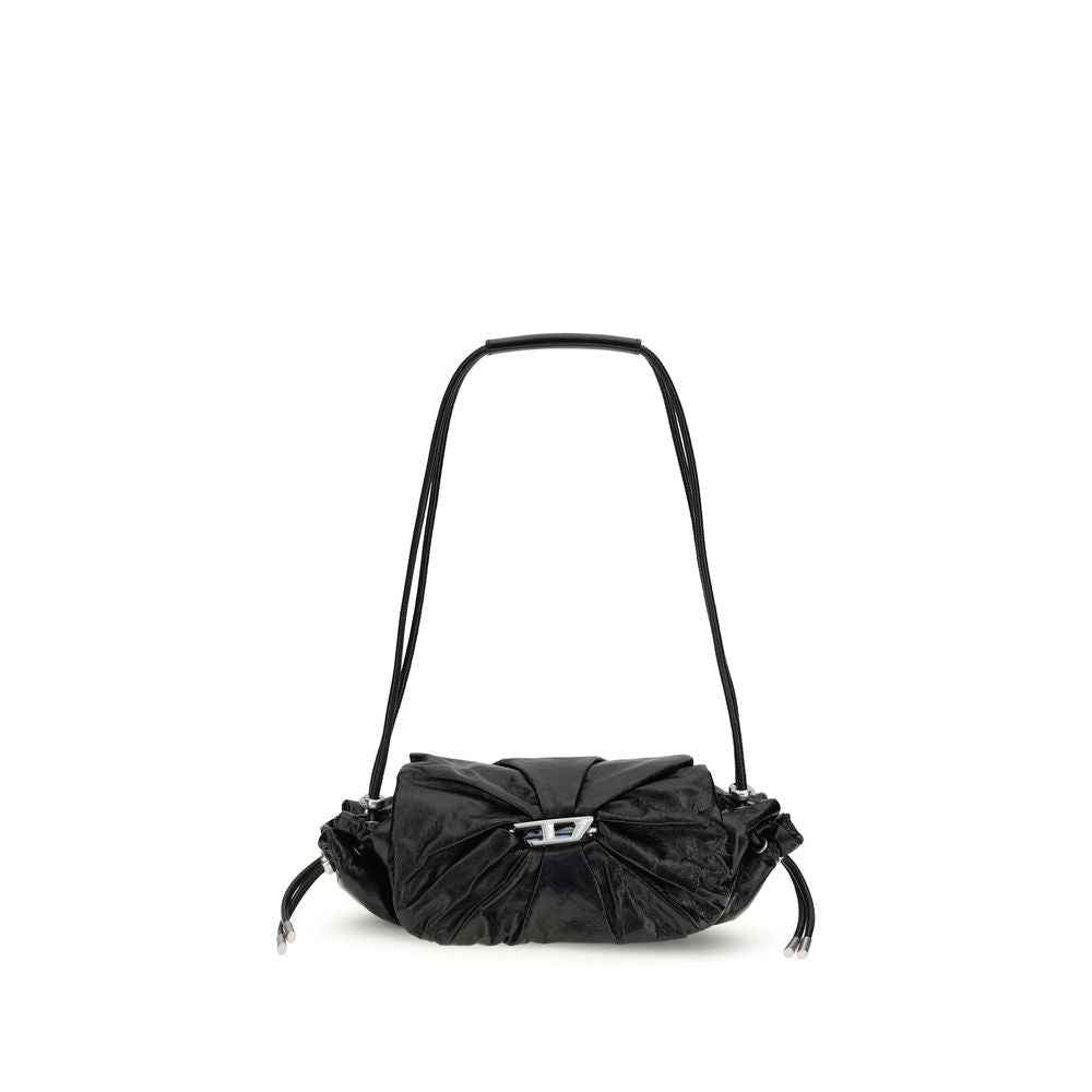 Diesel Scrunch-D shoulder bag, black nylon, ruched, front view