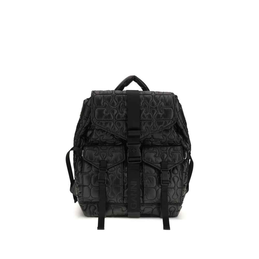Ganni Re-Tech Quilted Backpack, black quilted exterior, front view