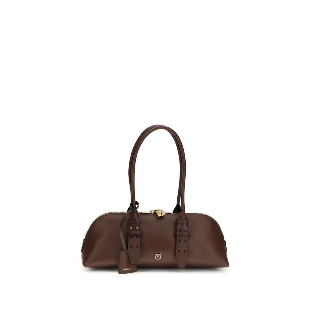 PINKO Bowling Baguette Shoulder Bag, brown leather with gold hardware, front view