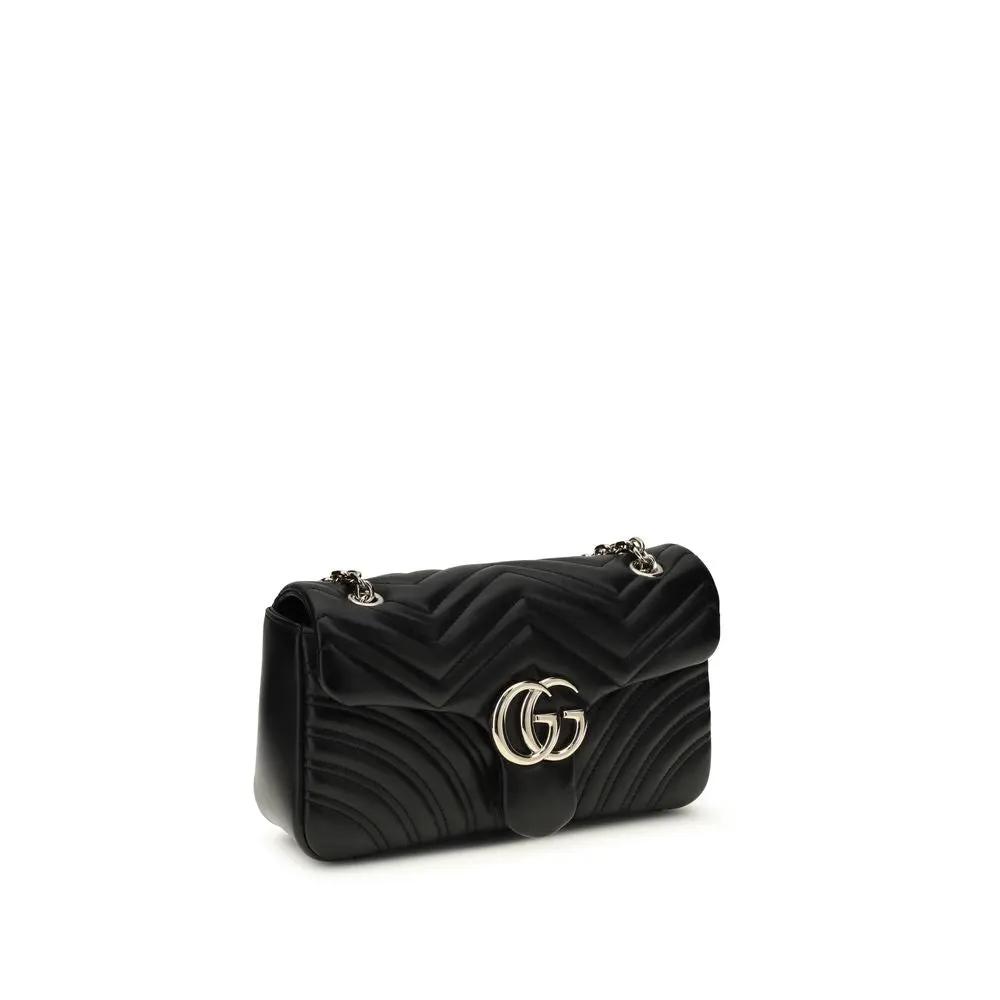 Gucci GG Marmont medium shoulder bag, black matelassé leather, chain strap, front view