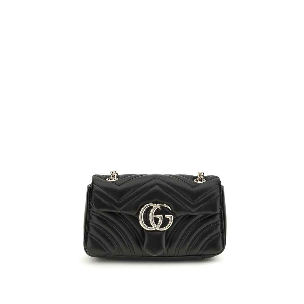 Gucci GG Marmont small shoulder bag, black calf leather, chevron quilting, gold-tone logo hardware, front view