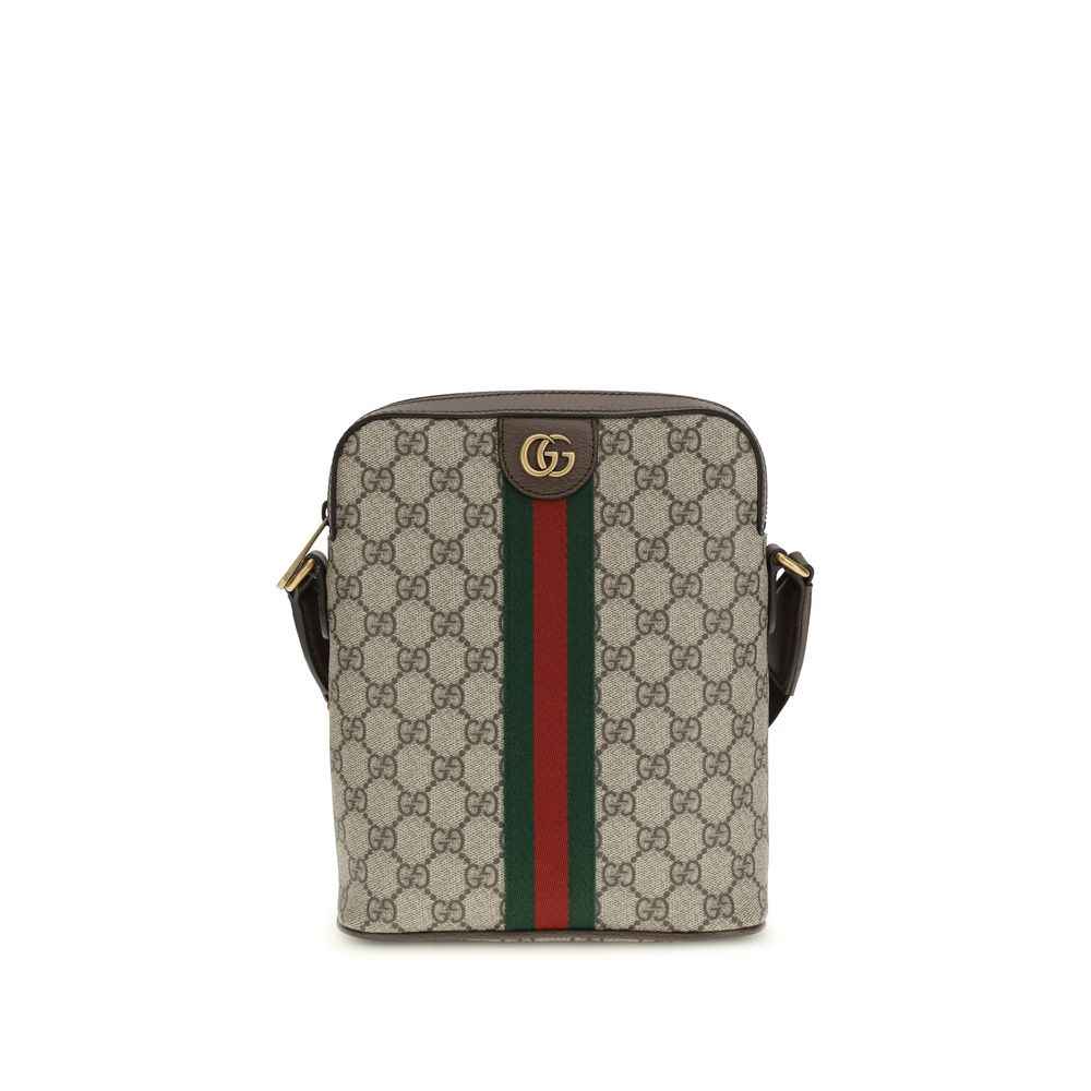 Gucci Medium Ophidia Messenger Shoulder Bag, beige GG canvas with green-red stripe, brown leather trim, front view