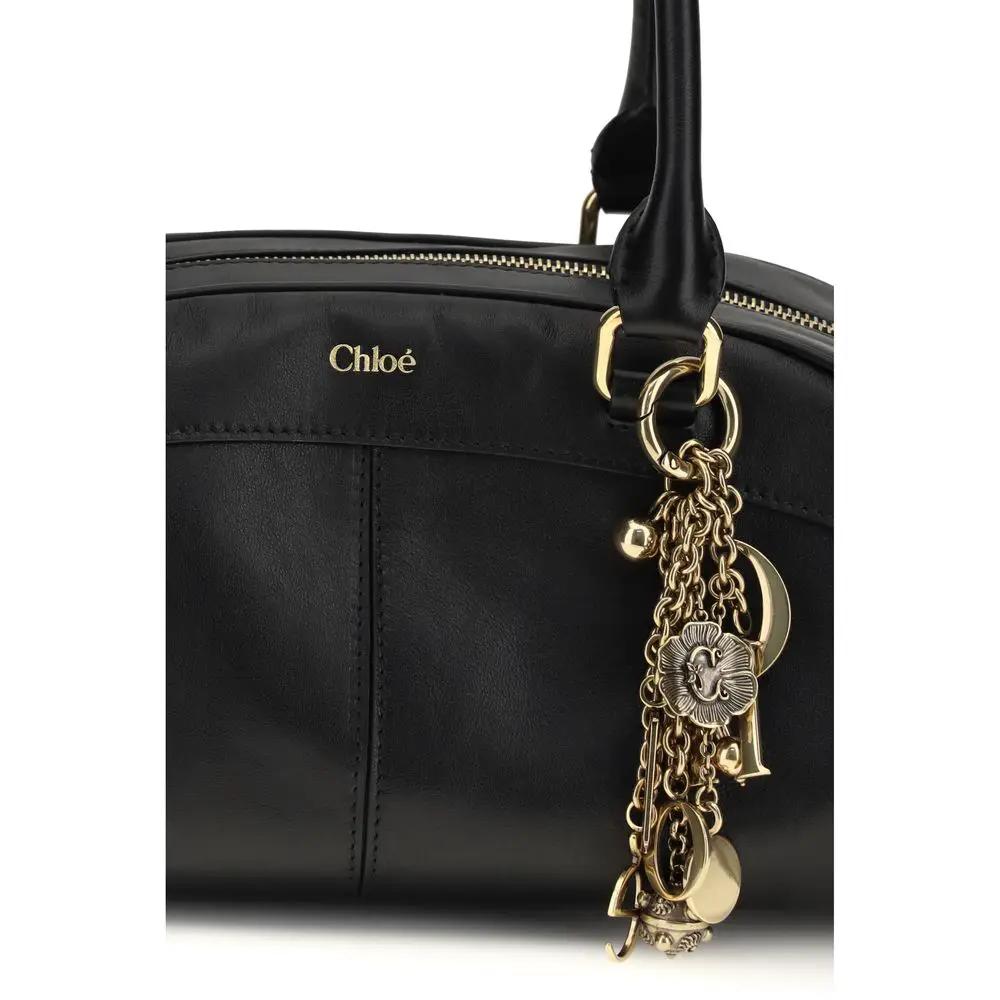 Chloé Bowling Handbag black leather satchel front view with gold charm