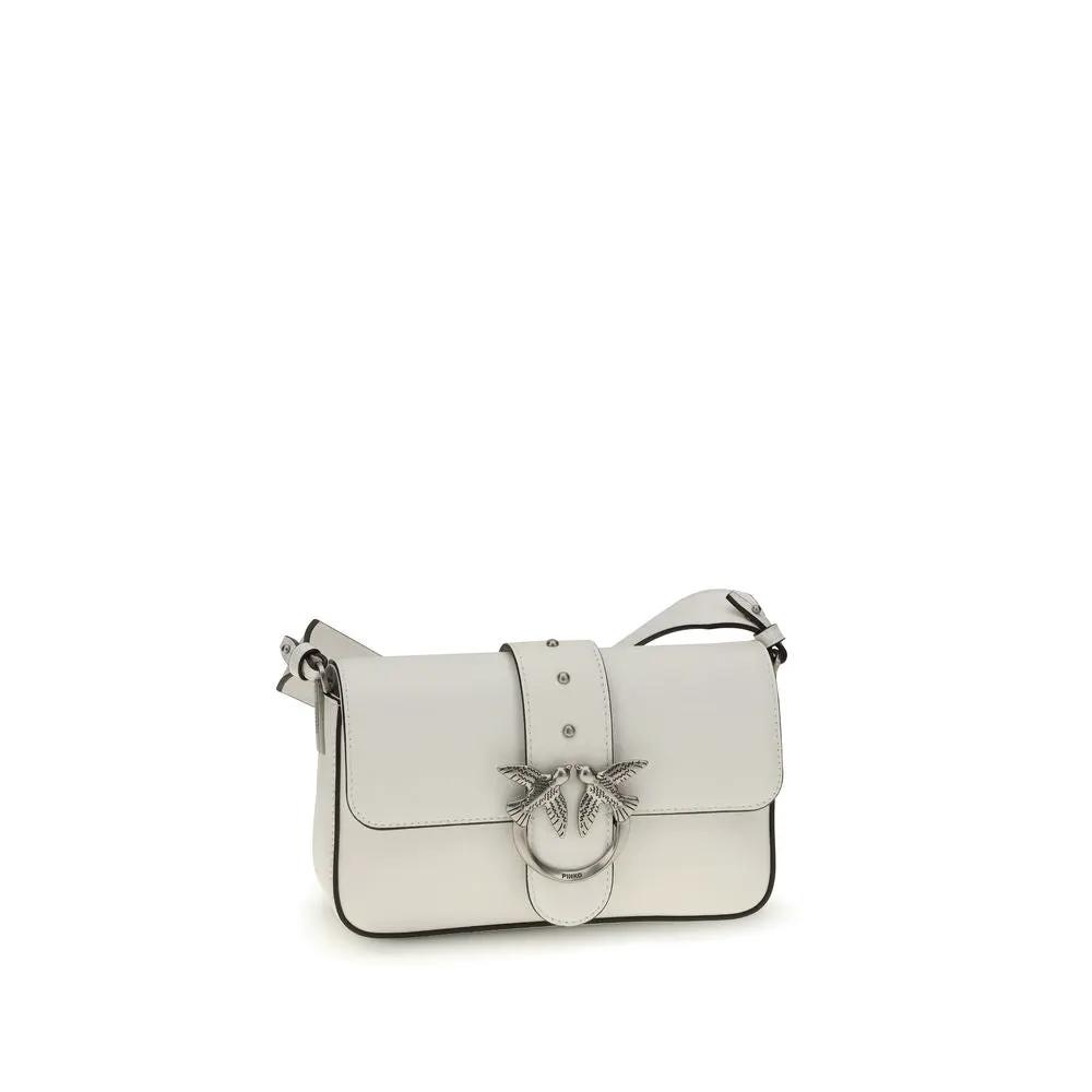 PINKO Bos Taurus shoulder bag, white calf leather with silver-tone bird clasp, front view.