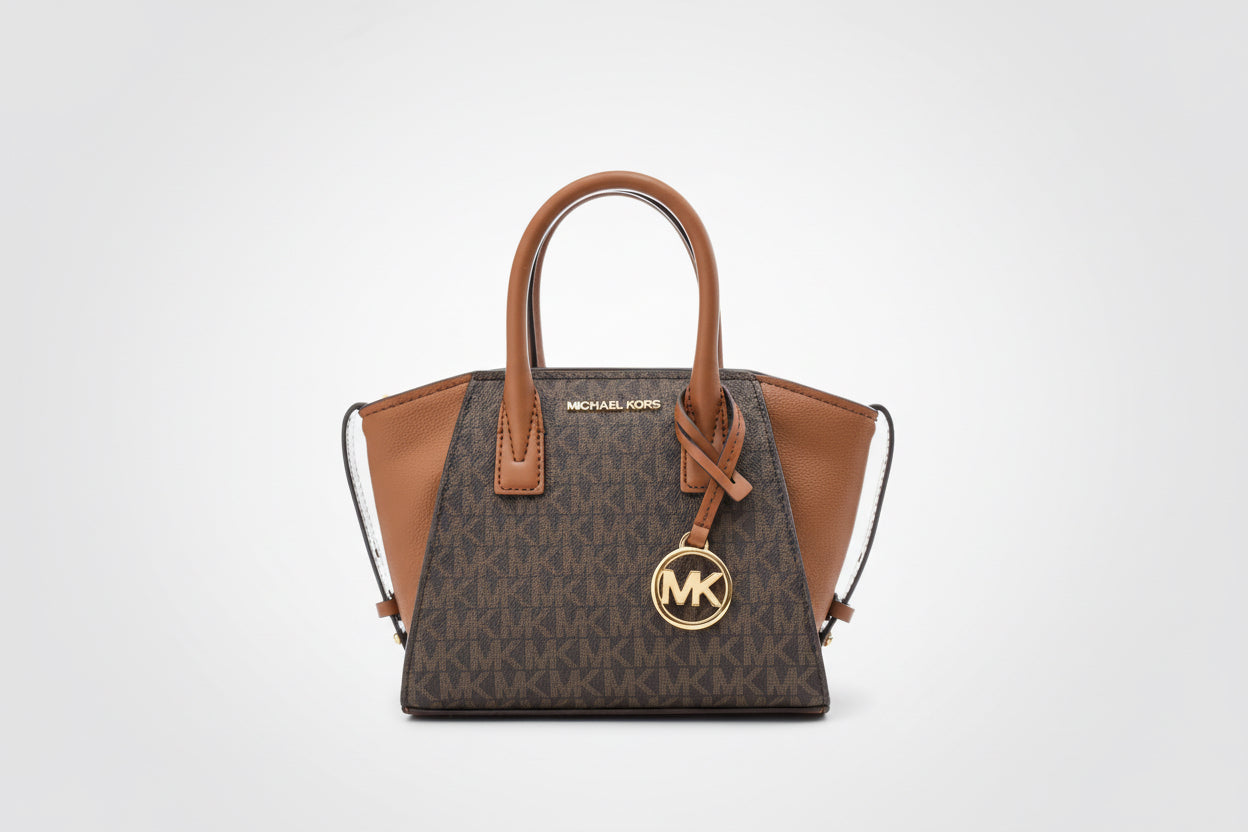 Michael Kors brown monogram canvas satchel handbag with tan leather trim, front view