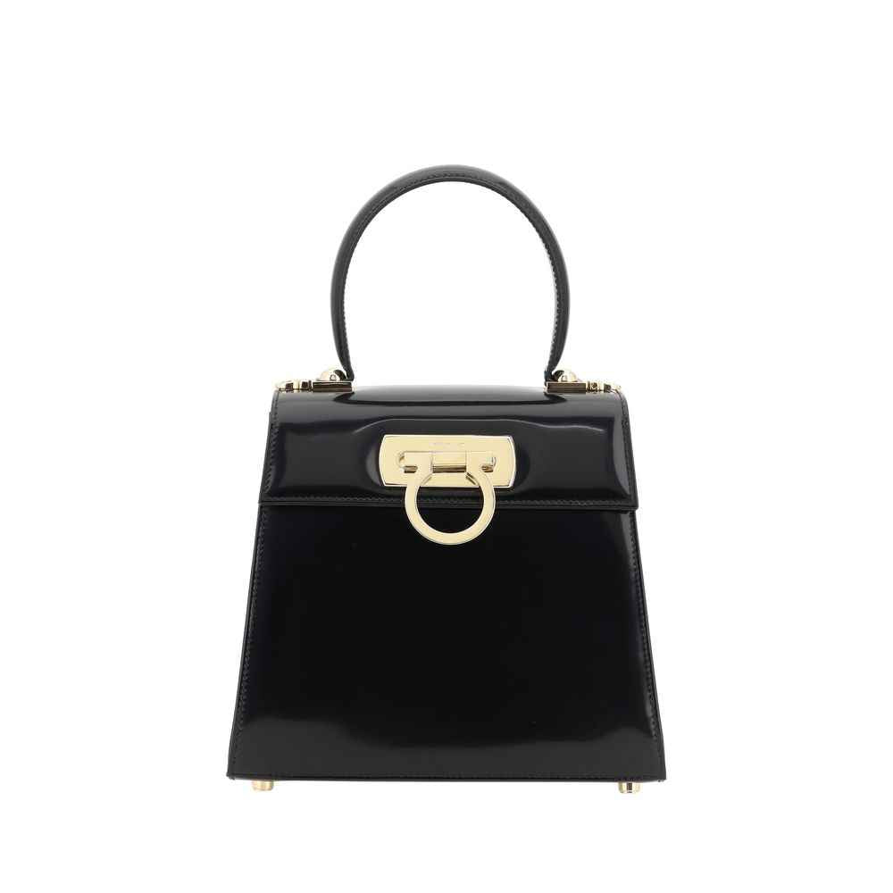 Ferragamo Iconic Top Handle Bag Black calf leather, top-handle bag, front view