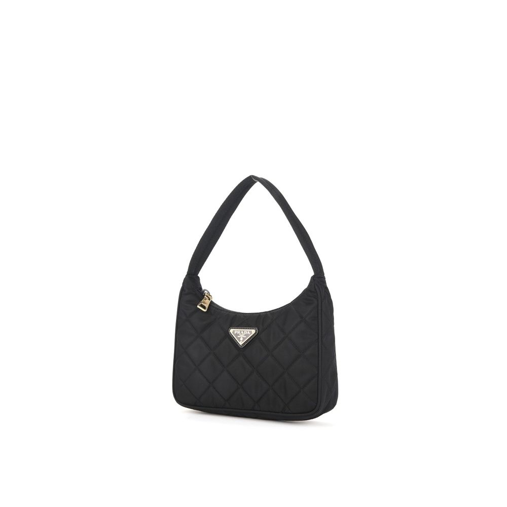 Prada Quilted Mini Bag, black nylon quilted shoulder bag with gold-tone hardware and logo plaque, front view.