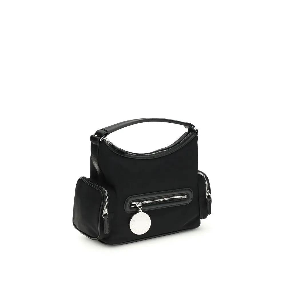 Stella McCartney Other Fibres Shoulder Bag, black fabric with silver hardware, front three-quarter view