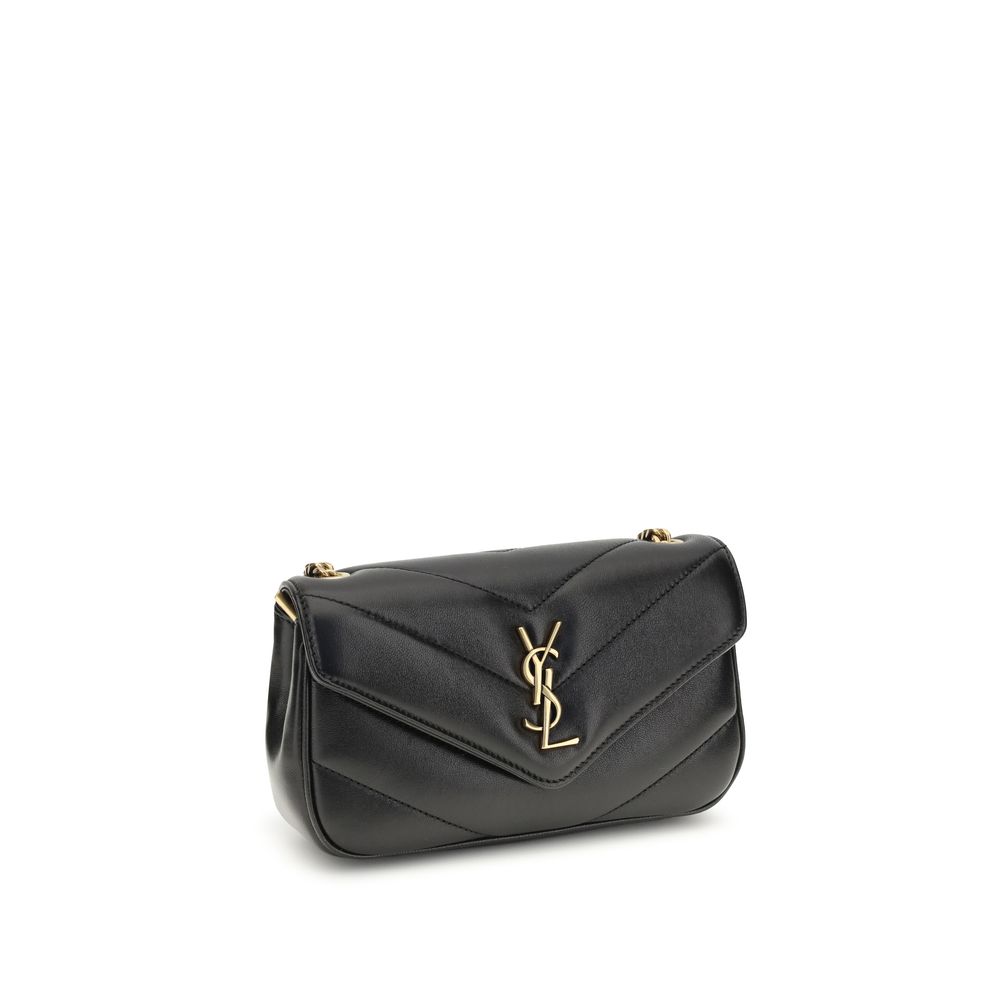 Saint Laurent Loulou Toy shoulder bag, black leather with gold YSL logo, front view.