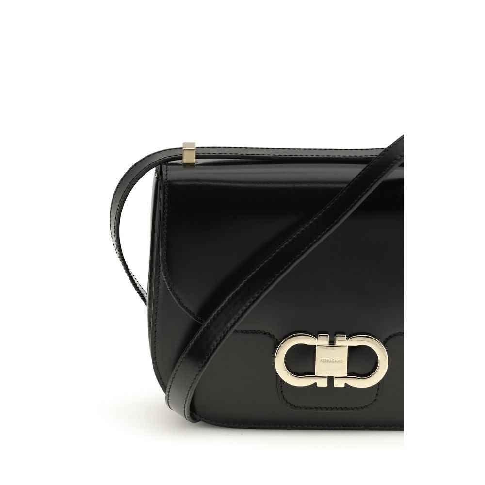 Ferragamo North-South Double Gancini Shoulder Bag, black patent leather, front view