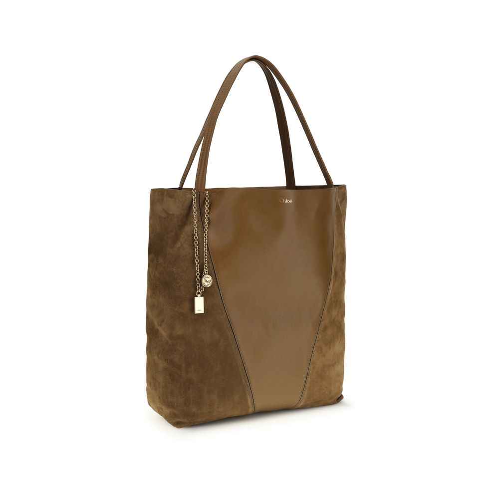 Chloé Spin Tote brown calf leather with suede panels tote bag front view