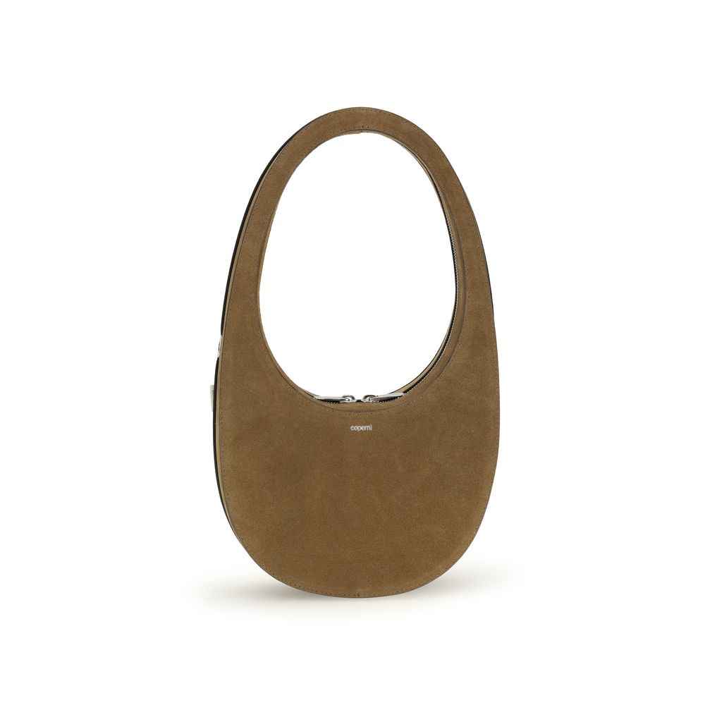 Coperni Swipe brown suede shoulder bag, curved silhouette, front view