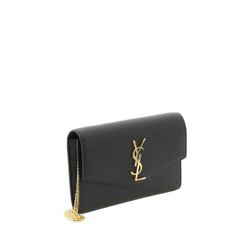 Saint Laurent Cassandre Small Chain Wallet black leather with gold chain, front view
