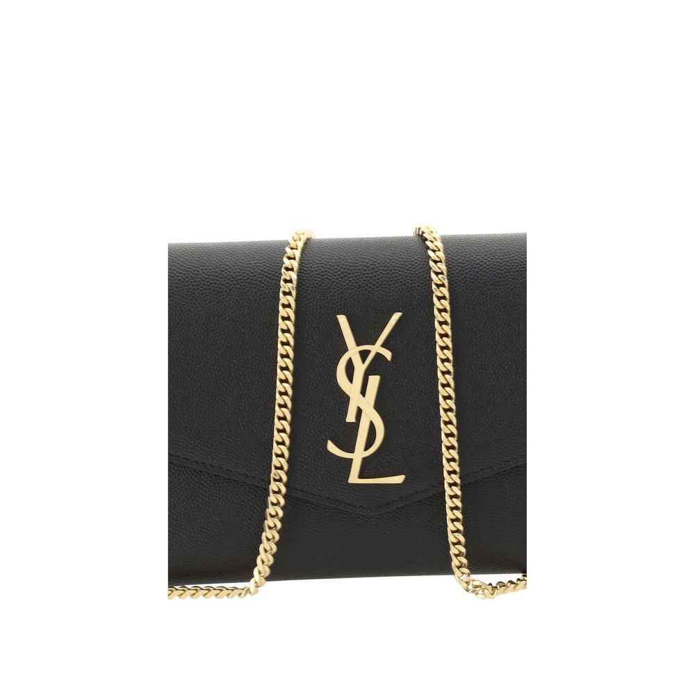 Saint Laurent Cassandre Small Chain Wallet, black calf leather, wallet-on-chain, front view