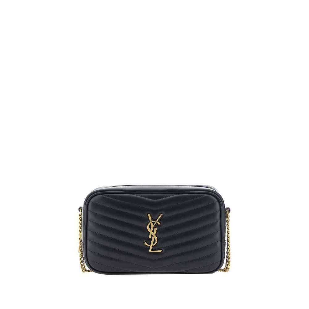 Saint Laurent Mini Lou Camera Bag, black calf leather crossbody bag, logo detail
