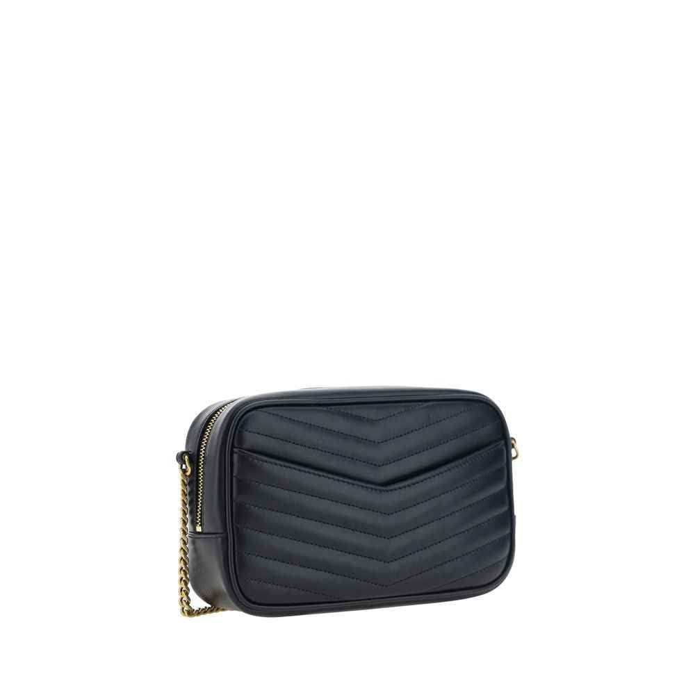 Saint Laurent Mini Lou Camera Bag in black calf leather, crossbody, front view