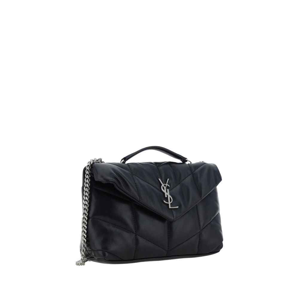Saint Laurent Loulou Small top-handle bag black quilted leather with silver chain strap three-quarter view