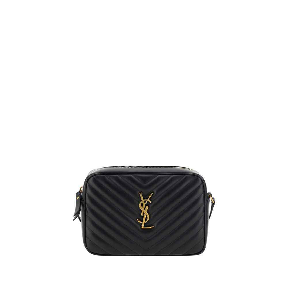 Saint Laurent Lou Camera Bag, black calf leather, quilted shoulder bag with gold-tone YSL logo, front view