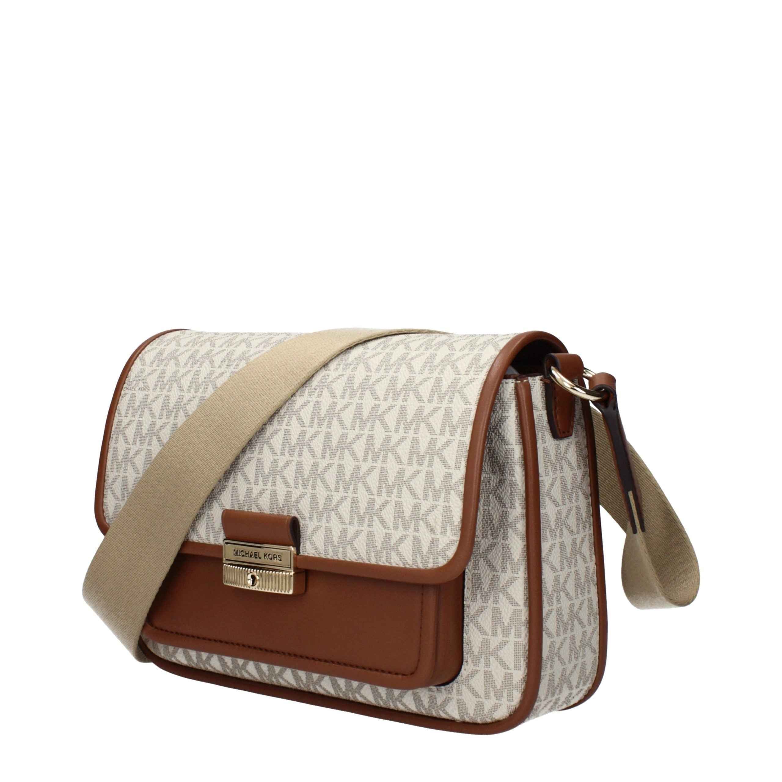 Michael Kors Bradshaw beige fabric crossbody bag with tan leather trim, front view