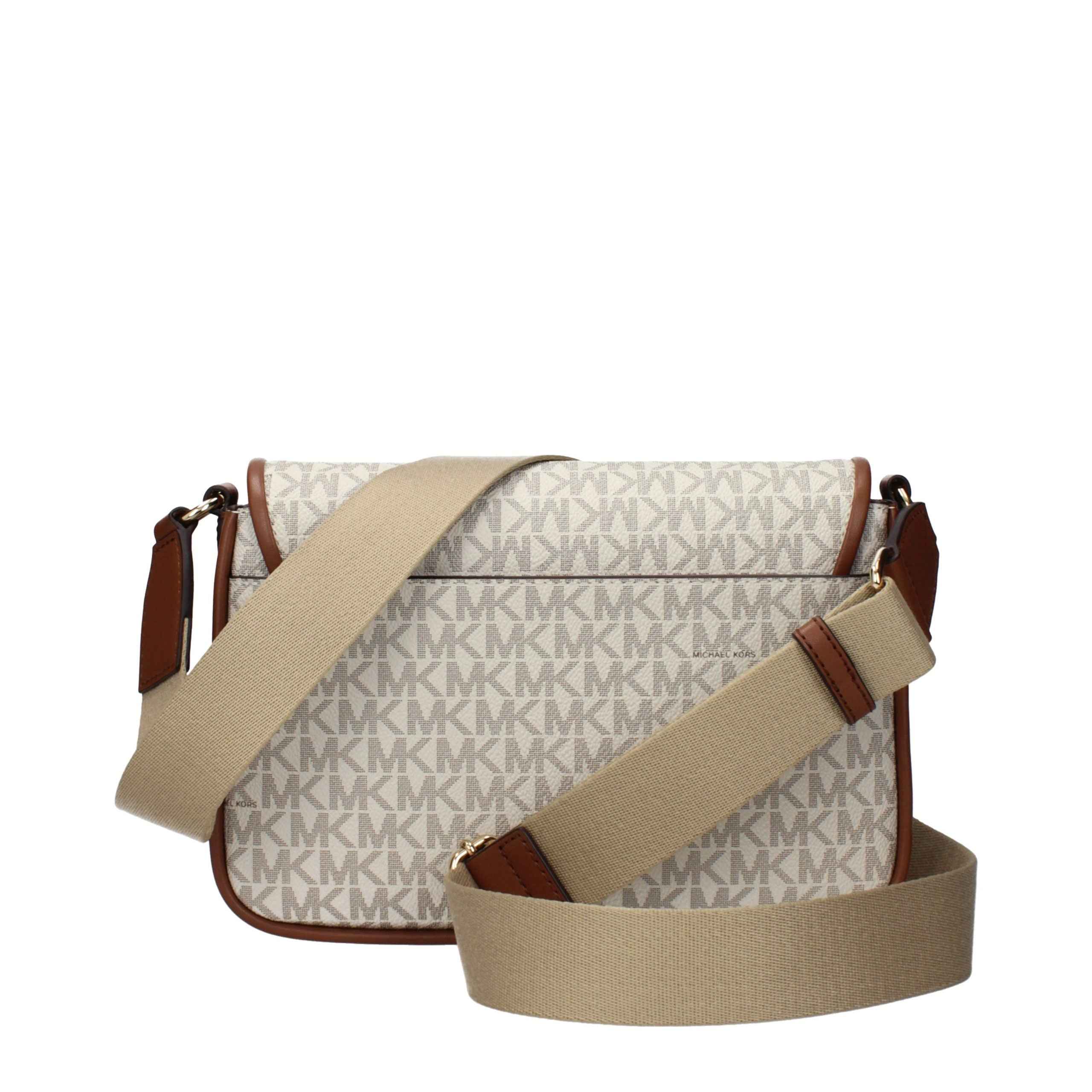 Michael Kors Bradshaw beige monogram fabric crossbody bag with tan trim front view