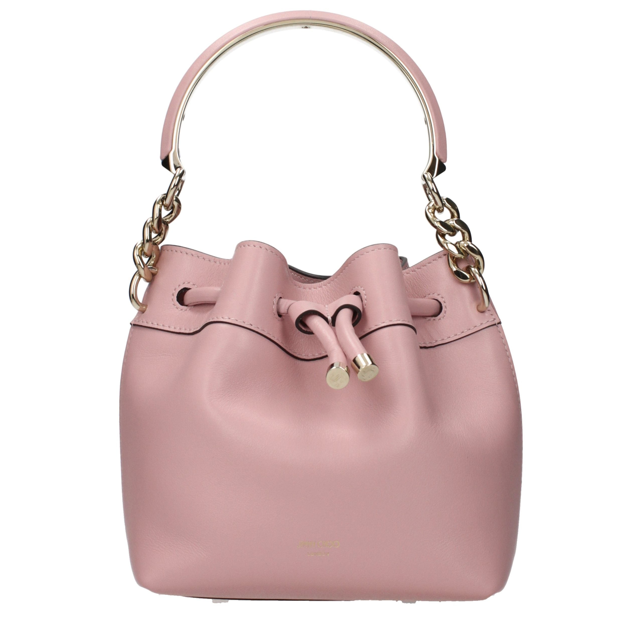 Jimmy Choo Bon Bon Bucket Bag pink leather with gold-tone chain-accent handle, drawstring closure, front view