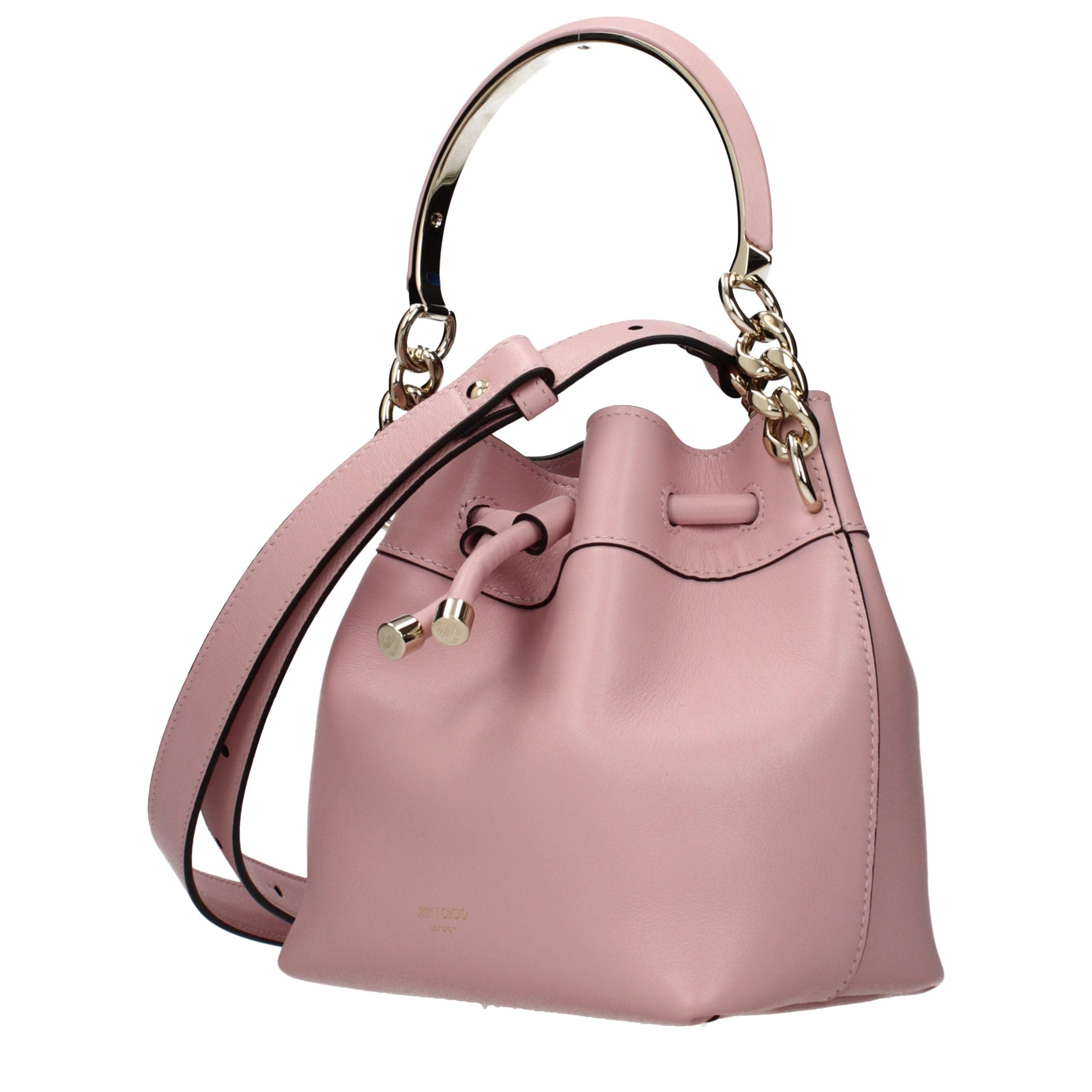 Jimmy Choo Bon Bon pink leather bucket bag with gold-tone chain handle, front view
