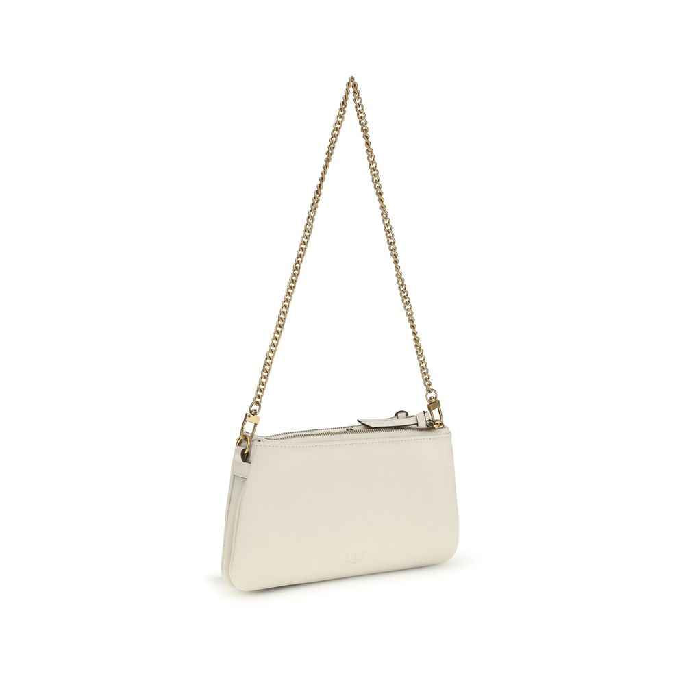 Pinko Mini Double Bag, beige calf leather, shoulder bag with chain strap, front view