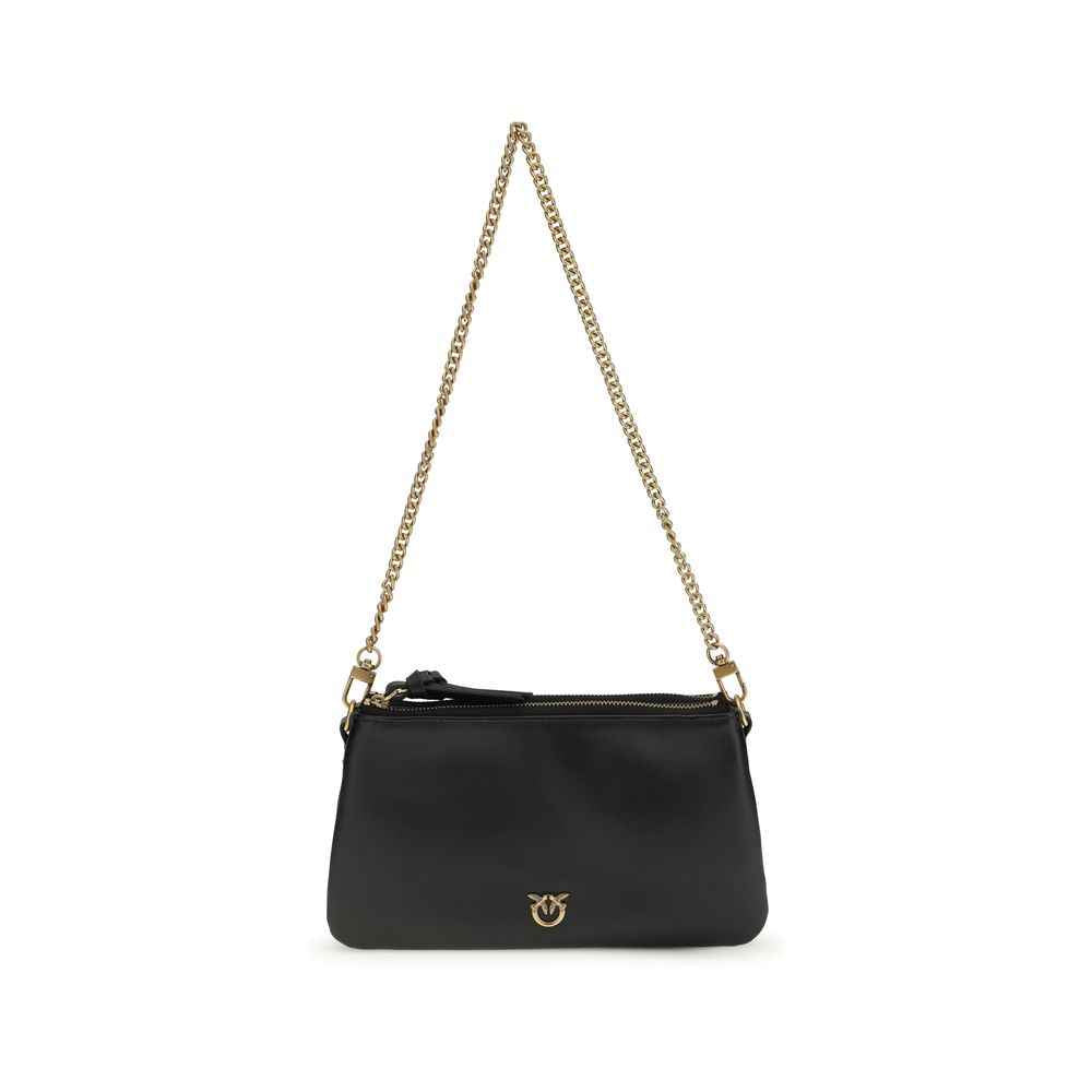 Pinko Mini Double Bag black calf leather crossbody with gold chain, front view