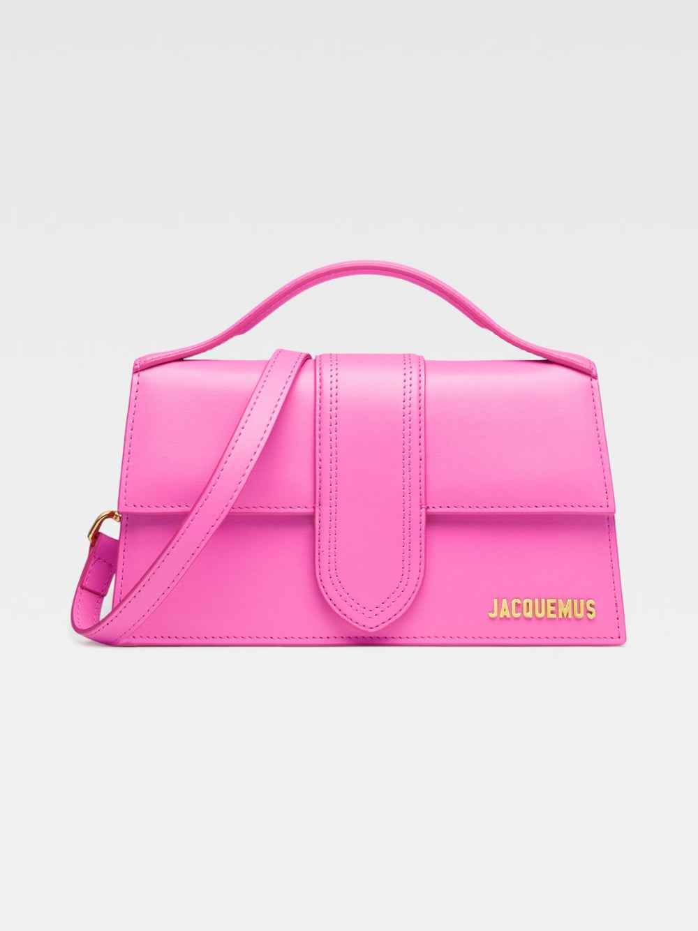 Jacquemus Le Grand Bambino Handbag, neon pink leather crossbody bag, front view.