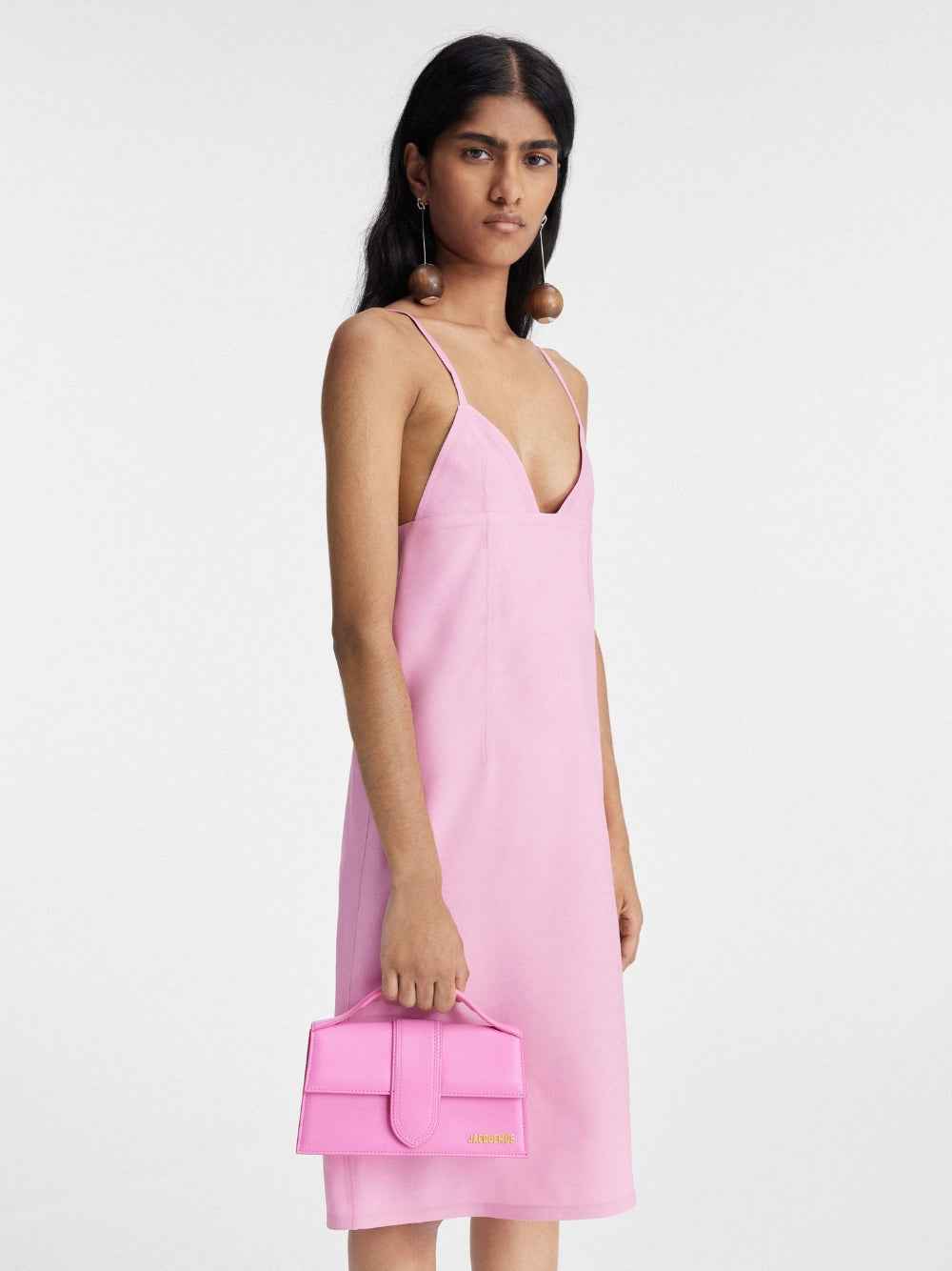 Jacquemus Le Grand Bambino neon pink leather top-handle handbag, small envelope style, front view