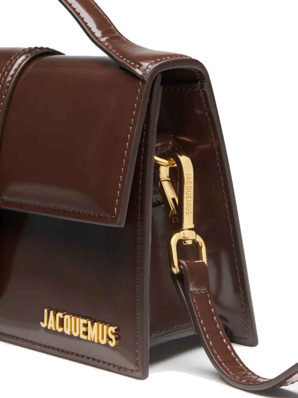 Jacquemus Le Grand Bambino crossbody bag in midnight brown patent leather, side view