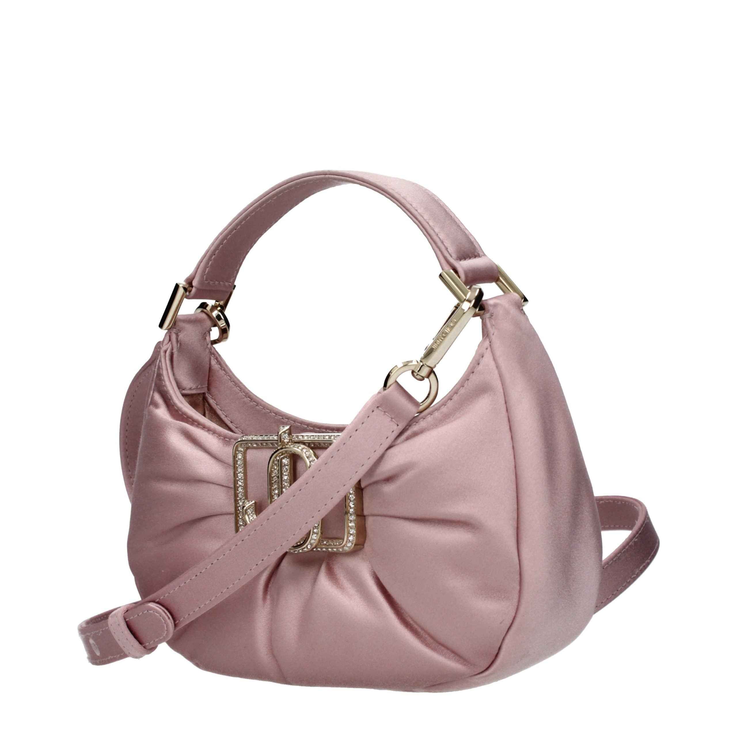 Jimmy Choo Edie Hobo Mini satin pink handbag, gold-tone buckle, front view.