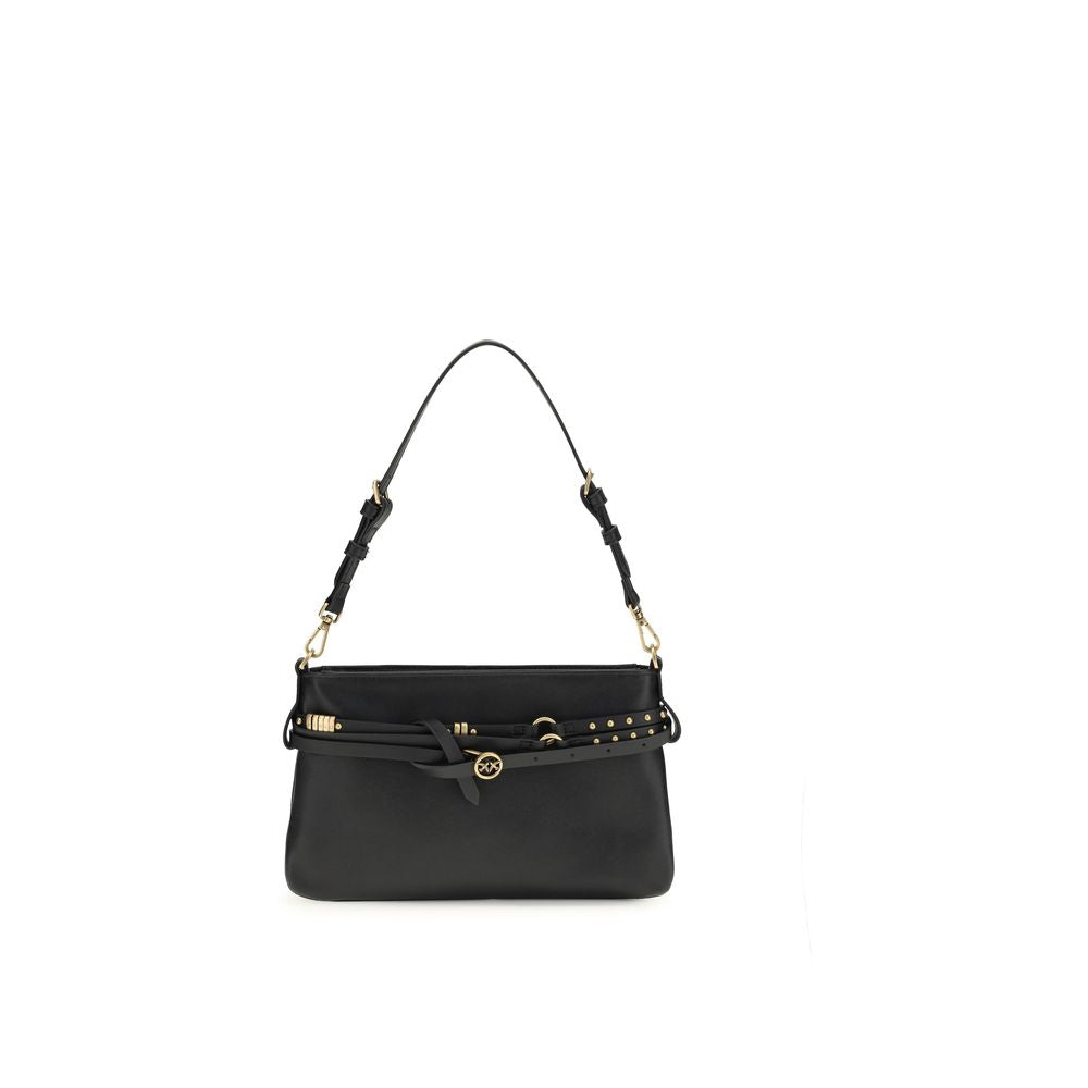 PINKO Buckle Shoulder Bag, black leather with gold-tone hardware, front view