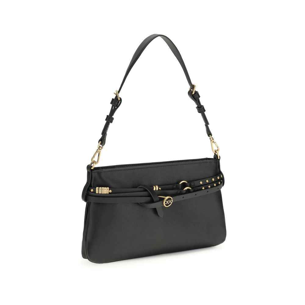PINKO Buckle Shoulder Bag, black calf leather, front view.
