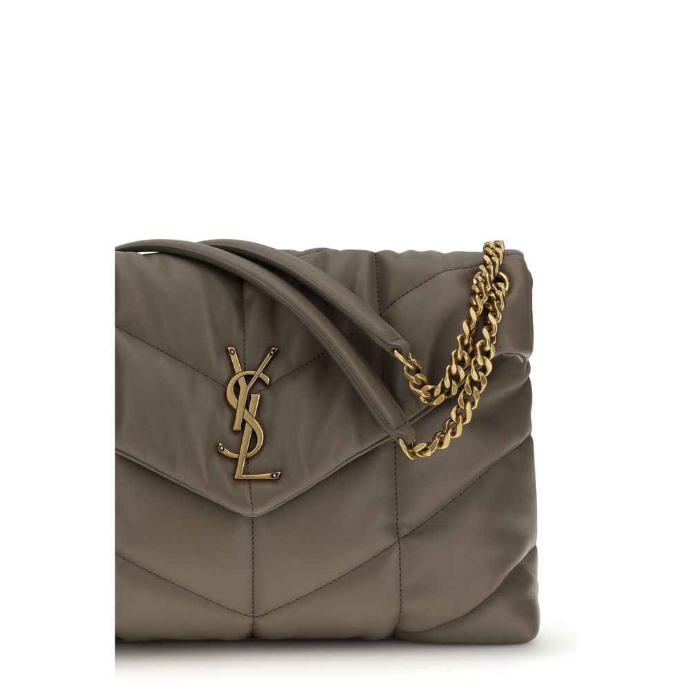 Saint Laurent Loulou Medium Shoulder Bag in gray lamb leather with gold YSL logo and chain strap, front view