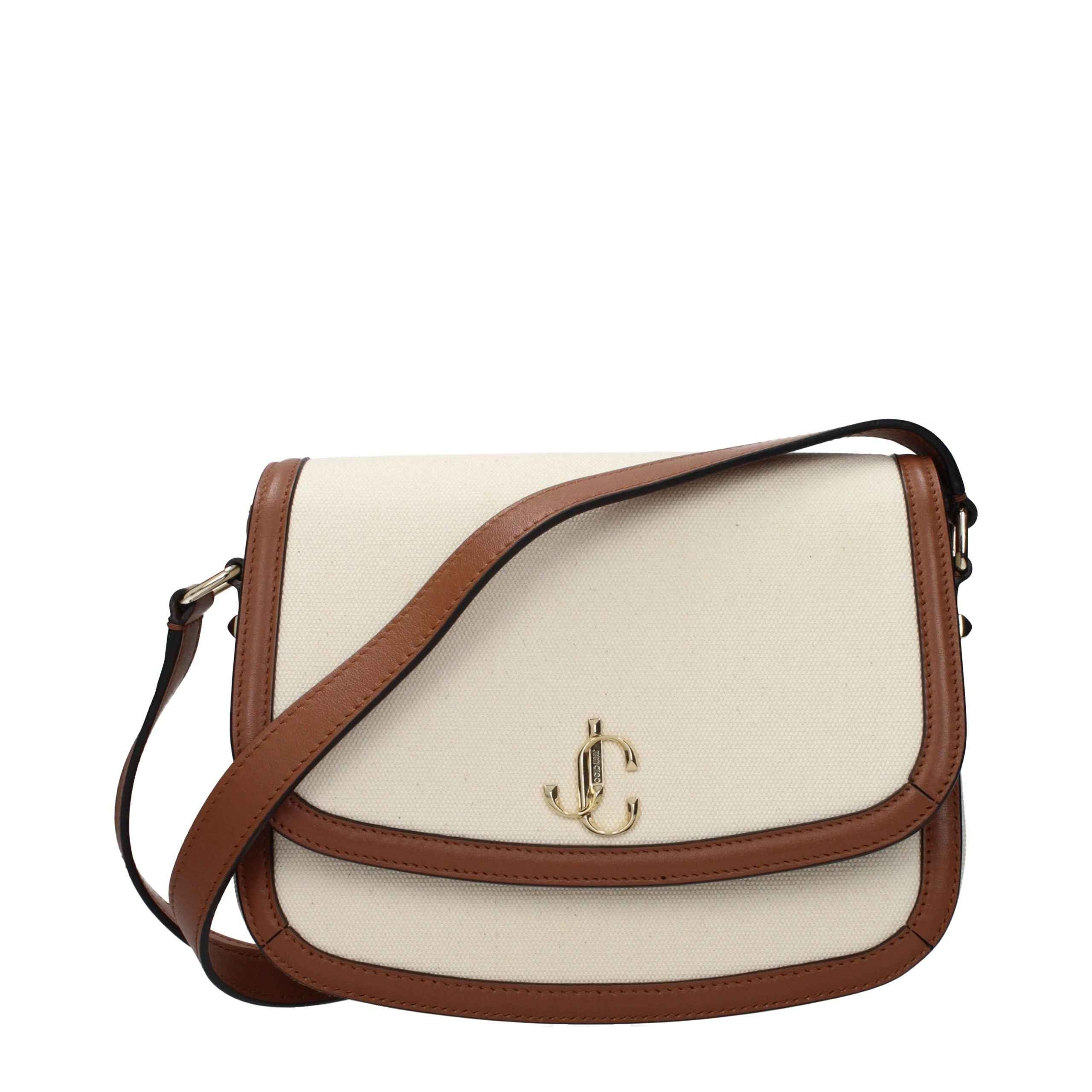 Jimmy Choo JC Satchel beige canvas crossbody bag with brown leather trim, front view