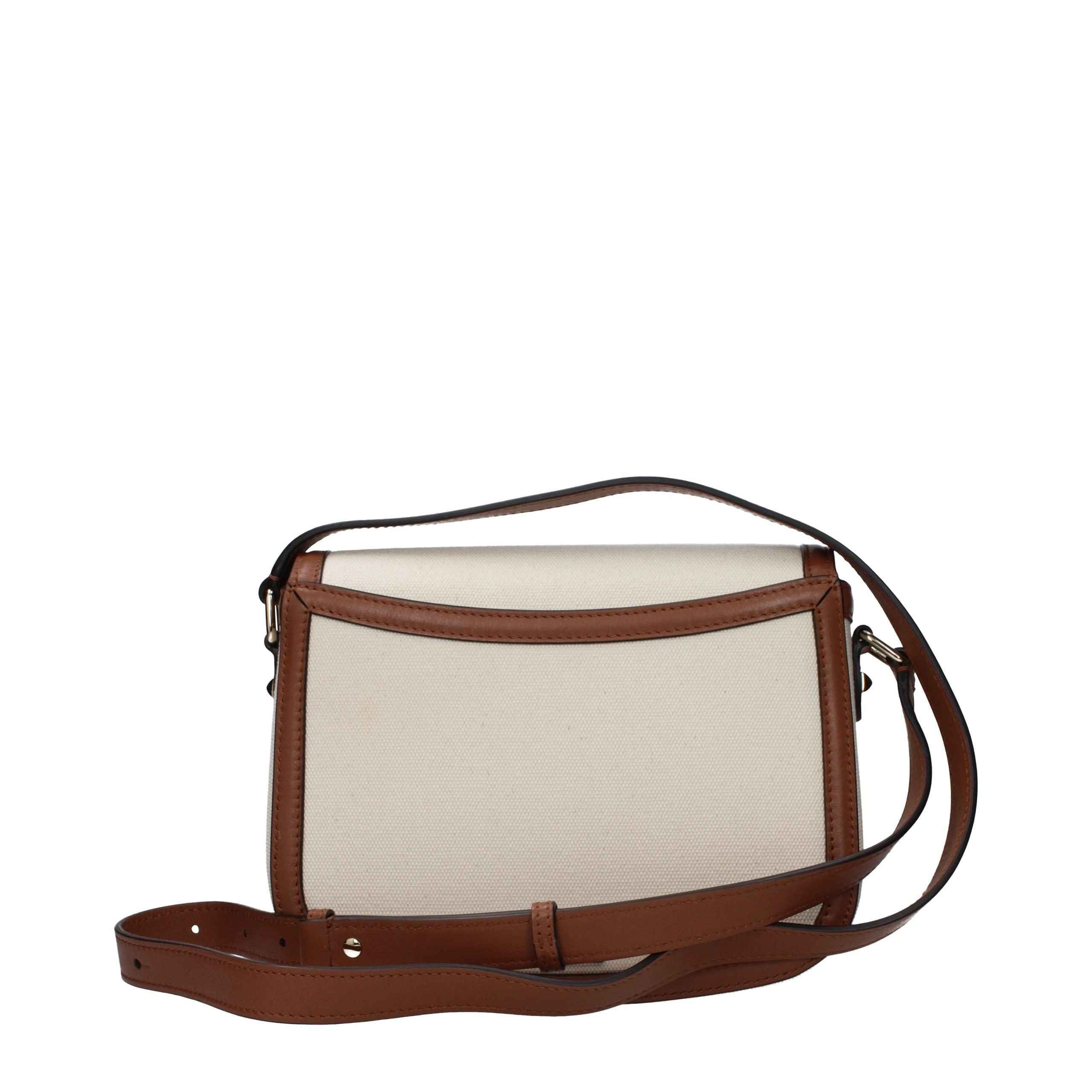 Jimmy Choo JC Satchel beige canvas crossbody bag with brown leather trim, front view