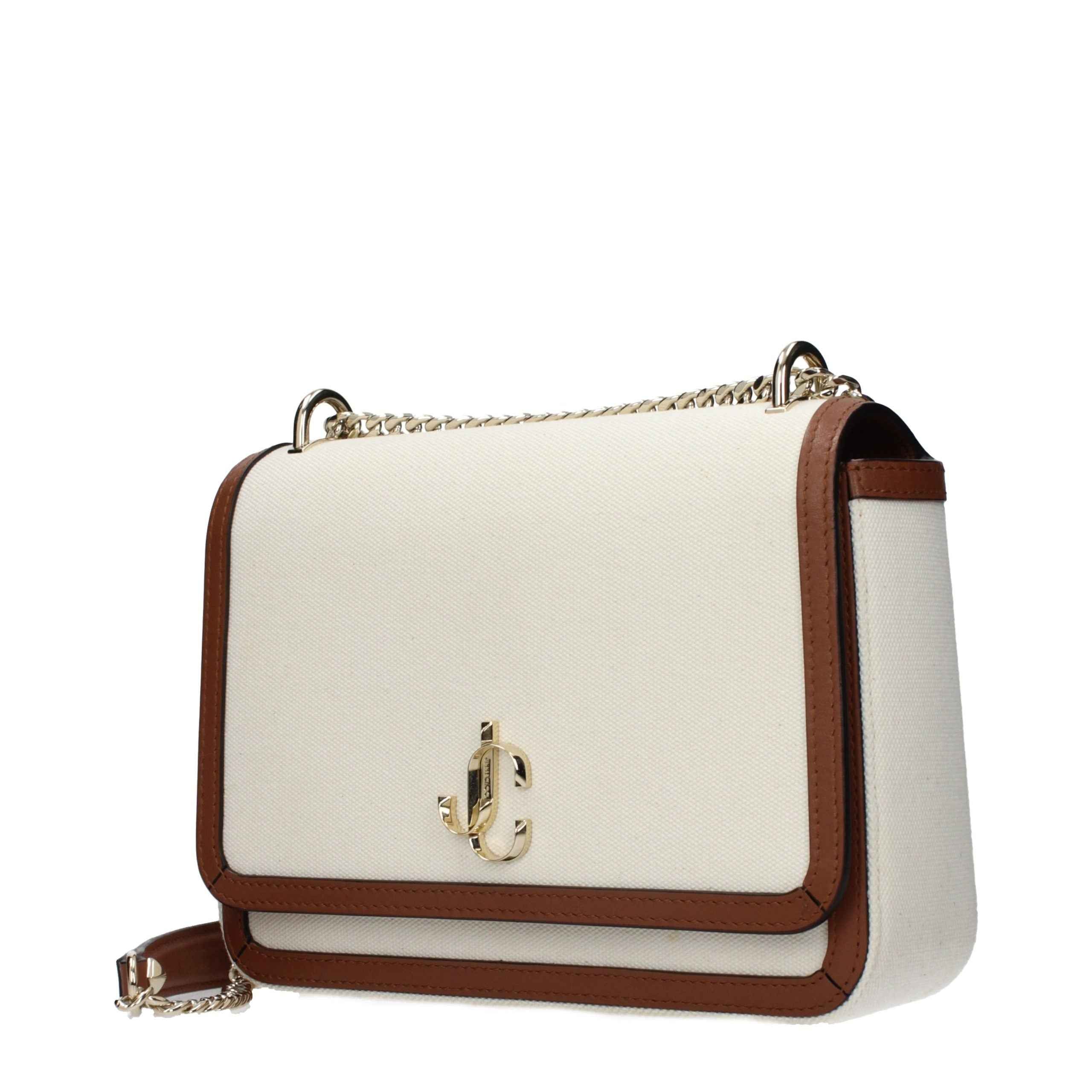 Jimmy Choo Clee Flap Crossbody Bag beige canvas with brown leather trim, gold hardware front view