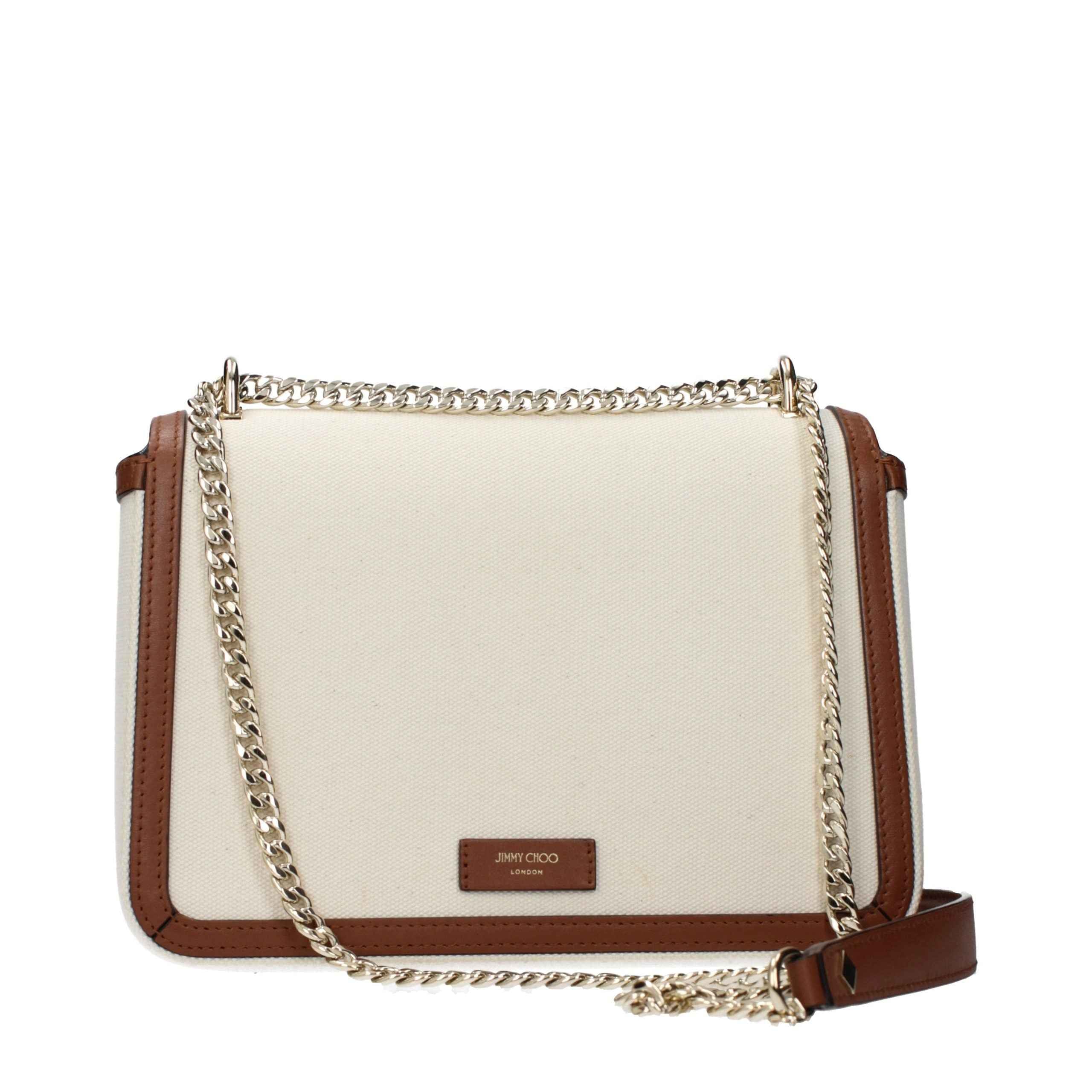 Jimmy Choo Clee beige fabric crossbody bag with brown leather trim and gold chain, front view