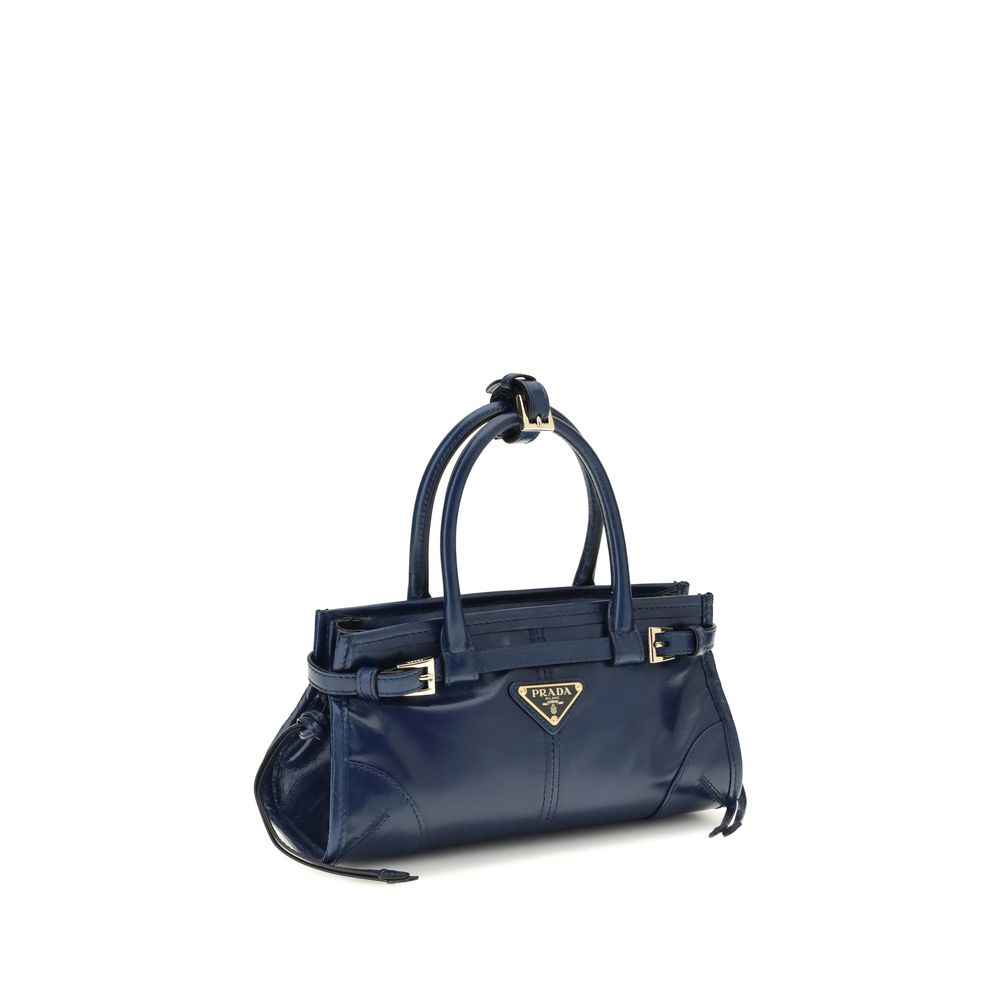 Prada Bonnie Mini Handbag blue calf leather top-handle satchel, three-quarter front view