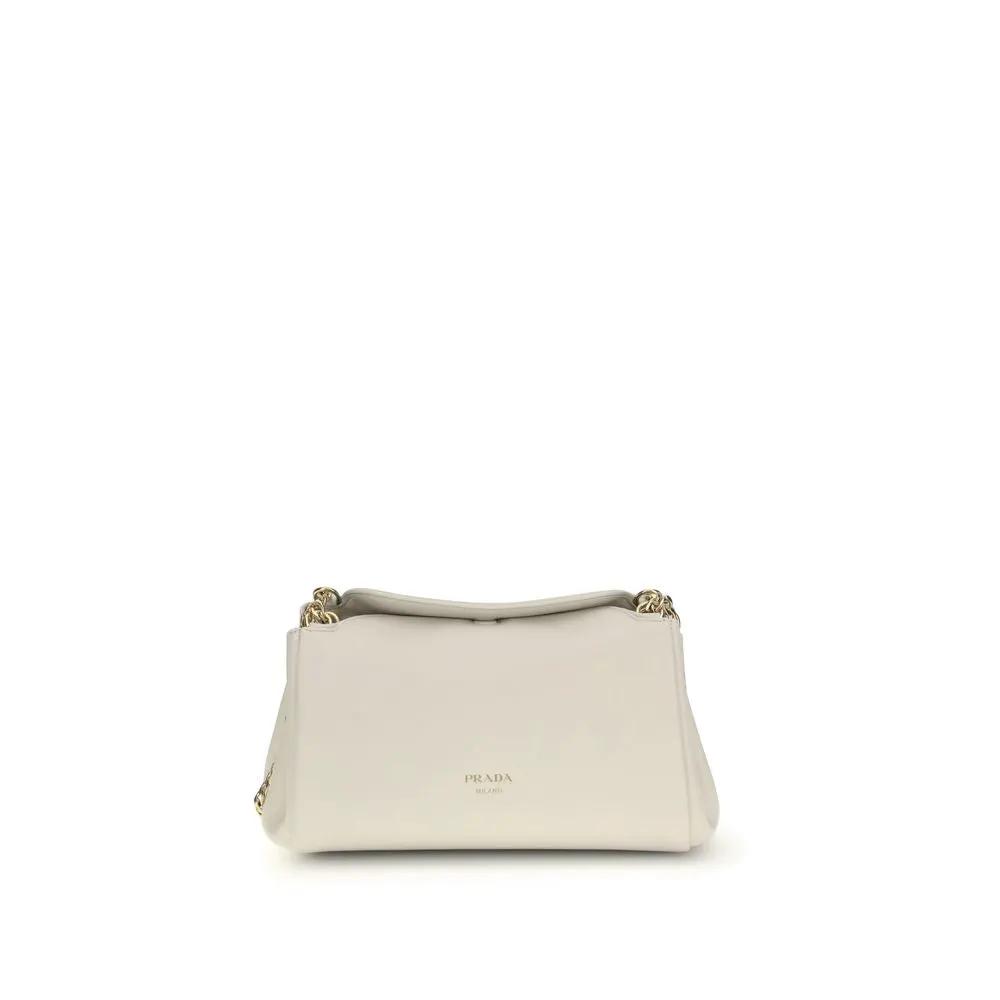 Prada Grained Leather Flap Shoulder Bag in cream, front view