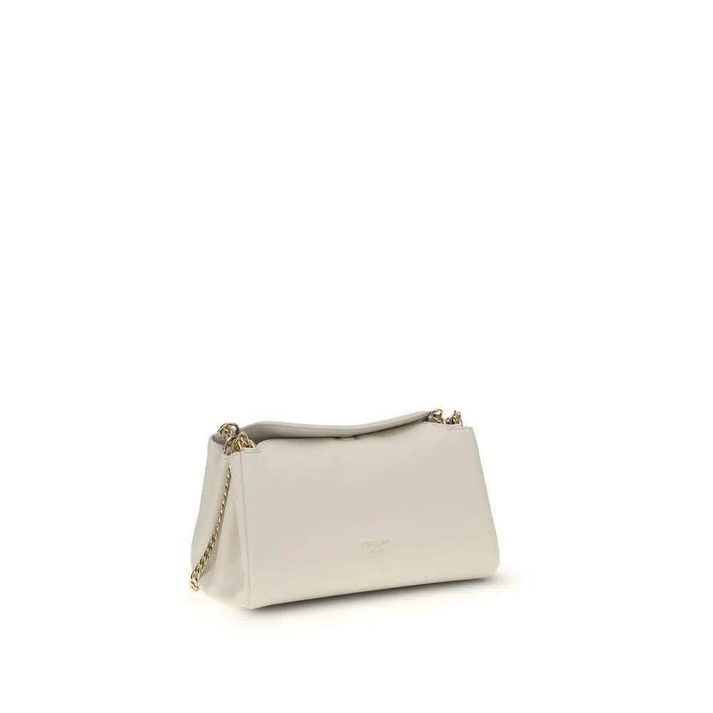 Prada Grained Leather Flap Shoulder Bag in beige with gold-tone chain strap, front view