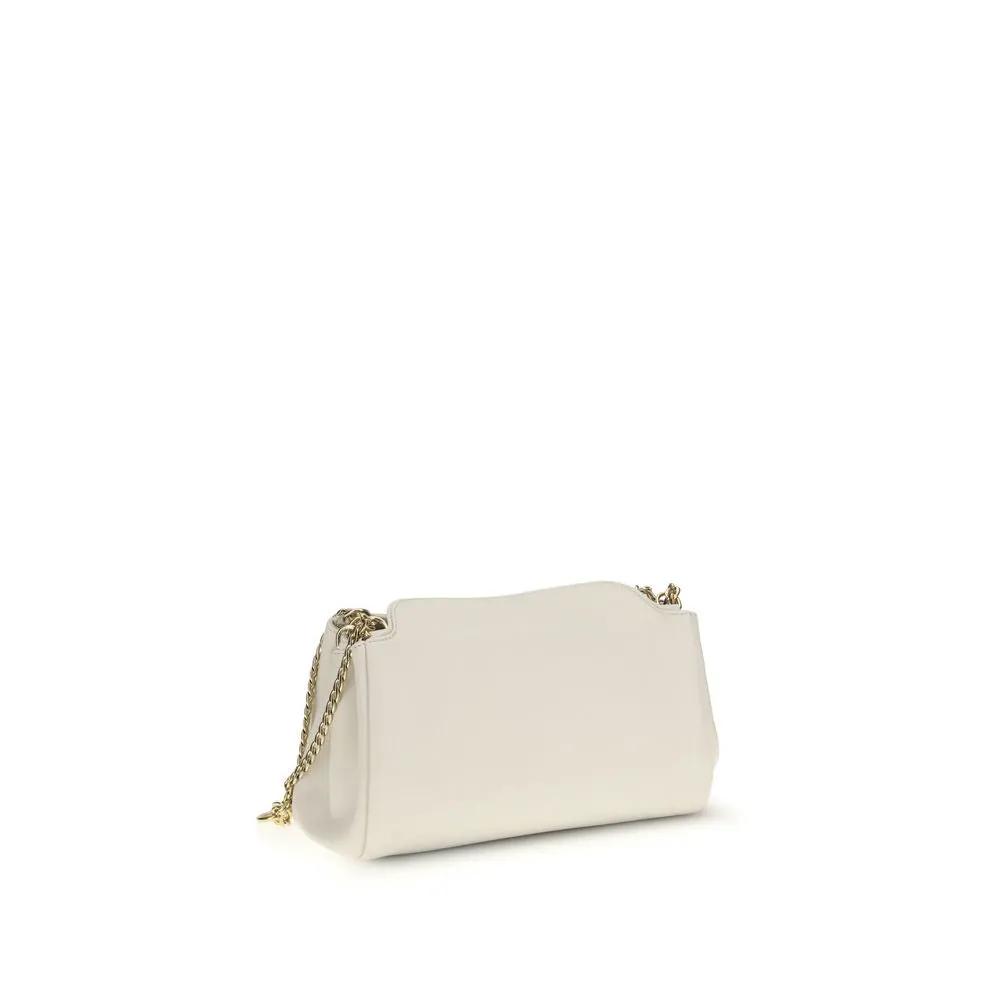Prada Grained Leather Flap Shoulder Bag in cream with gold chain, three-quarter view