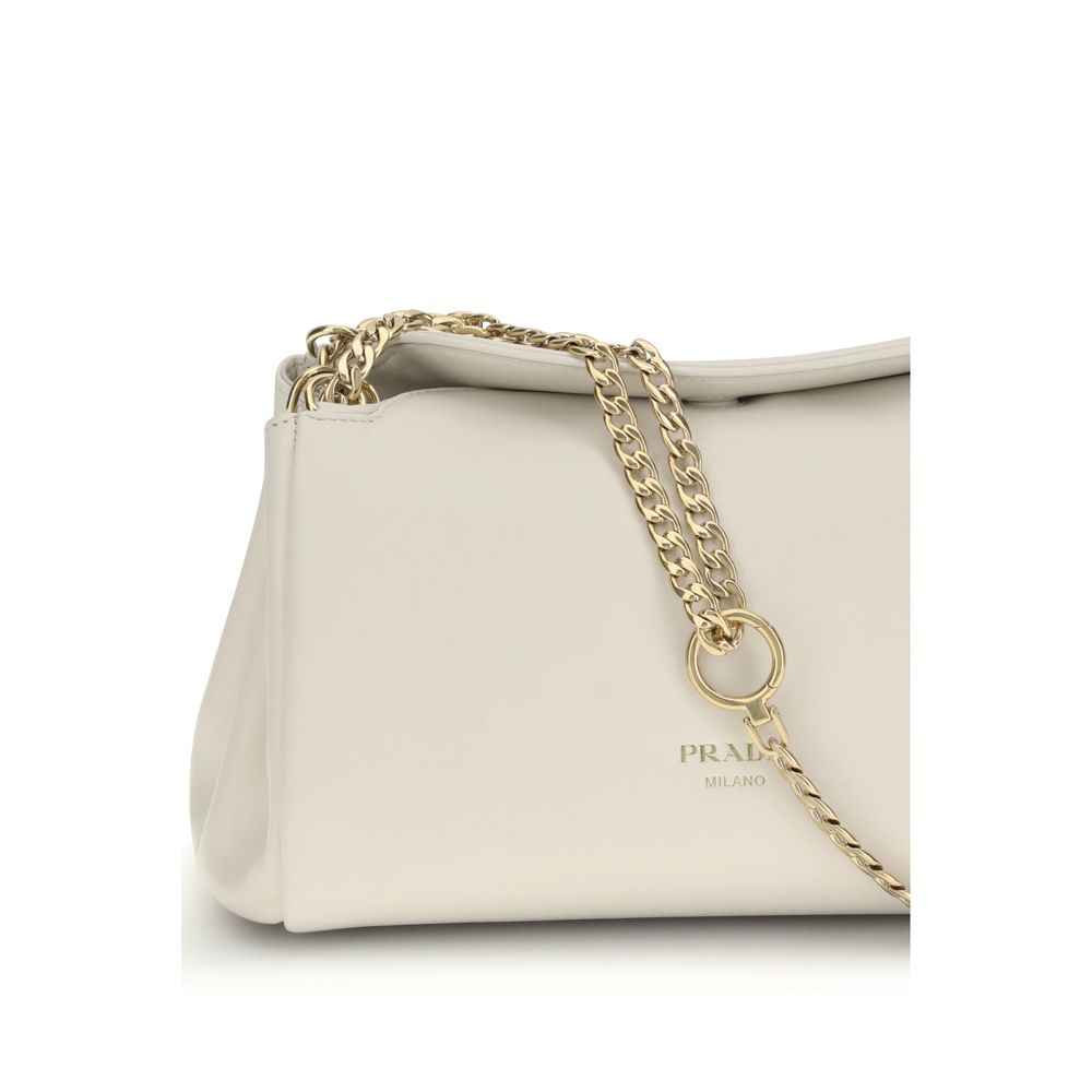 Prada Grained Leather Flap Shoulder Bag, cream color, gold chain strap, logo detail