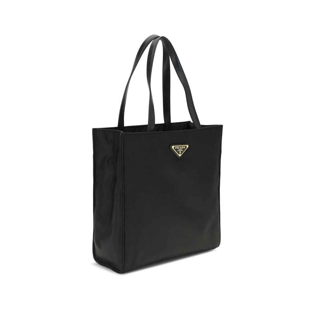Prada Re-Nylon Black tote bag with logo plaque, front view